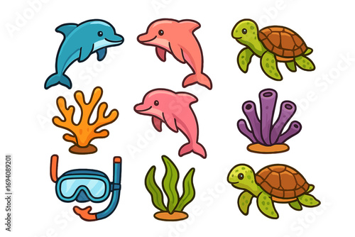 Marine life icon set. Cute cartoon vector illustration. Ocean animal collection with dolphin, turtle, coral reef, seaweed. Summer diving and snorkeling gear symbols. Isolated.