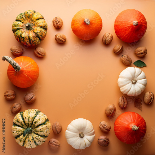 Flat lay of seasonal fruits and vegetables: pumpkins, apples, nuts, warm background, minimal composition, space for text