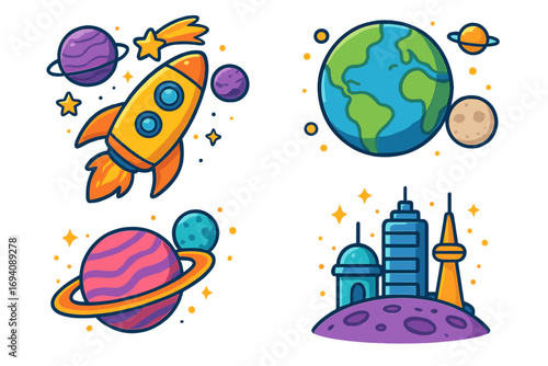 Galaxy exploration vector icon set. Cartoon rocket launch, planets, Earth, moon, stars, and futuristic space colony buildings. Science fiction illustration sticker pack.