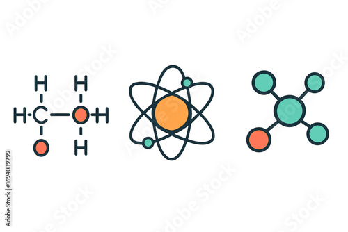 Chemistry icon set. Atom, molecule, and chemical compound illustration in flat style. Vector cartoon of scientific models, atomic structure, and methanol formula for graphic design.