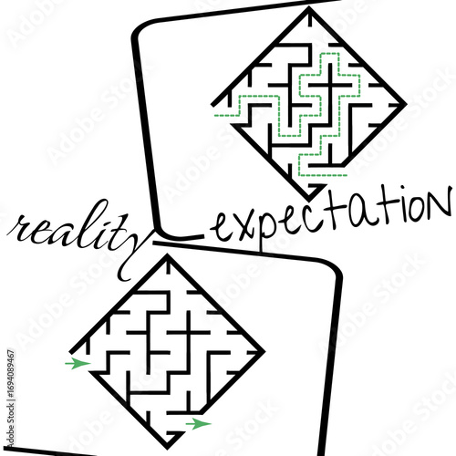 Illustration with labyrinth, maze conundrum for kids. Baby puzzle with entry and exit. Children puzzle game. Expectation and reality for labyrinth.