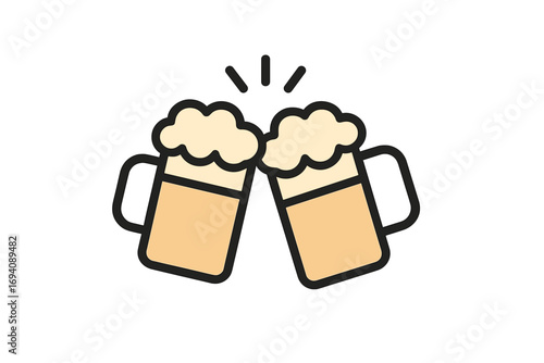 Cheers with beer mugs vector icon. Toasting glasses with foam. Friends celebration in a pub. Bar, party, or festival concept. Alcohol drink symbol. Minimalist cartoon illustration.