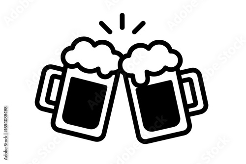 Two beer mugs clinking. Cheers toast symbol. Celebration party with friends concept. Bar or pub alcohol drink icon. Lager ale beverage. Minimal vector graphic illustration.