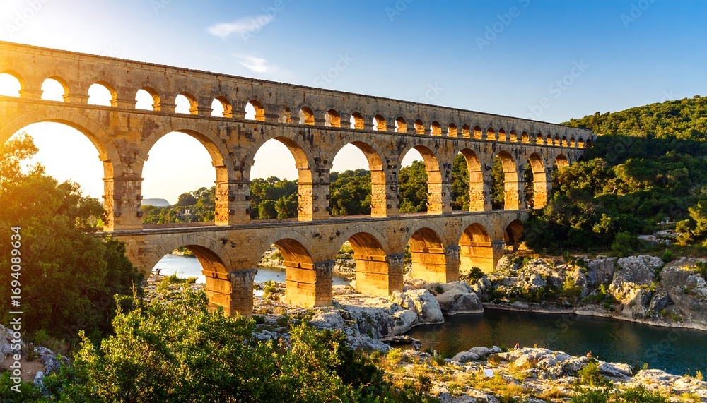 Fototapeta premium Ancient Aqueduct in France at Sunset with Arches and Reflection on the water