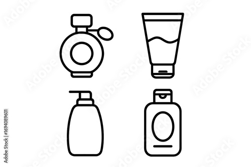 Cosmetic bottles line icon pack. Perfume, cream, shampoo, gel outline signs. Beauty product container vector illustration. Skincare packaging symbols for web design, apps.