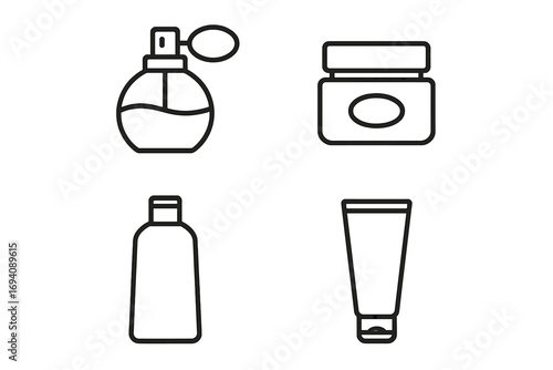 Beauty and skincare cosmetic bottles line icon set. Vector perfume, cream, shampoo, and gel container outlines. Symbols for web design, apps, hygiene, and branding.