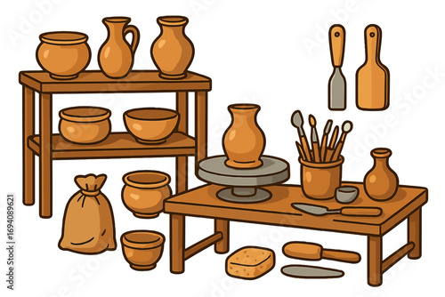 Pottery workshop set with clay pots, vases, and crafting tools. Artisan craft studio with potter's wheel, shelves, and sculpting instruments. Vector cartoon illustration.
