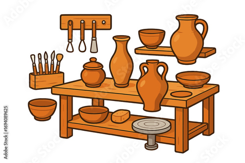 Ceramic studio equipment set. Collection of clay pottery, vases, and bowls. Artisan crafting tools and a potter's wheel in a workshop. Handmade craft and hobby concept.