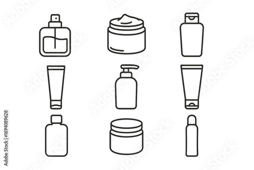 Cosmetic bottles line icon set. Perfume, cream, shampoo, gel outline signs. Skincare packaging vector icons. Beauty product container, dispenser, tube, and jar symbols.