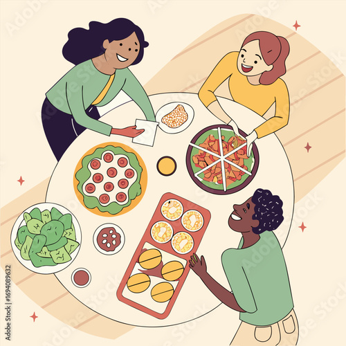 Illustration of a gathering and feast scene