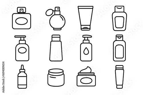 Cosmetic bottles line icon set. Perfume, cream, shampoo, gel outline signs. Skincare packaging collection. Beauty product container symbols for web, apps, graphic design. Vector.