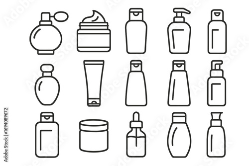 Cosmetic bottles line icon set. Skincare packaging outline symbols. Perfume, cream jar, shampoo, lotion pump, gel tube, and serum dropper vector linear signs for beauty.