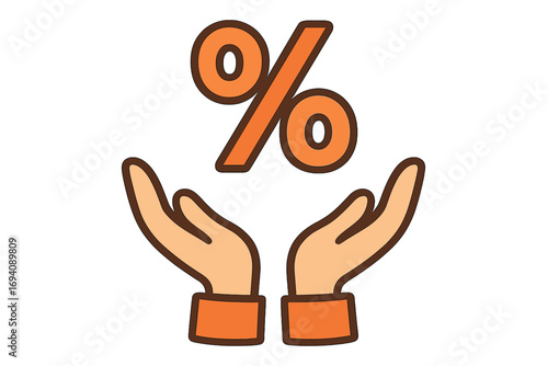 Hands holding percentage sign. Concept for discount, sale, and special offer. Financial vector icon for banking, credit, loan, and investment. Symbol of profit and interest rate.