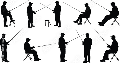 Silhouette fishermen with fishing rods in various postures, standing and sitting, outdoor angling sport illustration, recreational fishing activity design