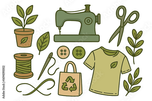 Sustainable fashion and slow living vector set. Eco-friendly sewing, mending, and textile elements. Organic clothing, recycling, and natural plant concepts for conscious consumerism.