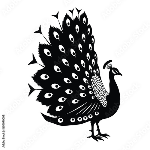 Elegant black peacock silhouette displaying magnificent tail feathers art
