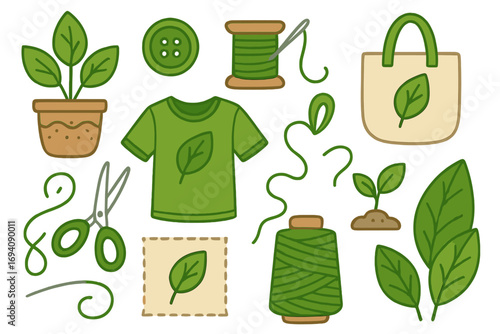 Sustainable fashion and eco friendly clothing vector icon set. Natural organic textile, slow fashion concept. Green t-shirt, tote bag, leaf, plant, scissors, thread illustration.