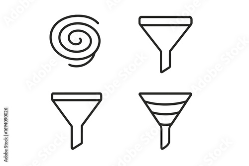 Filter and funnel line icon set. Vector symbols for data processing, sales funnel, and conversion optimization. Includes vortex and spiral icons for web, apps, infographics.