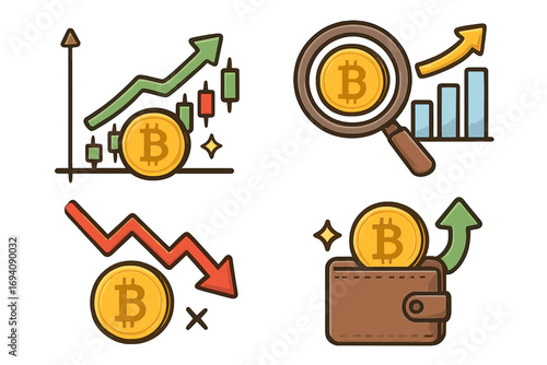 Bitcoin crypto trading icon set. Analysis of market fluctuations, investment opportunity, wallet. Bull and bear market chart graph. Finance profit and loss concept vector.
