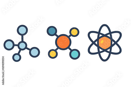 Set of flat science icons: atom, molecule, chemical compound. Vector graphics for chemistry, physics, education. Atomic structure, particle, nucleus, electron bond symbol.