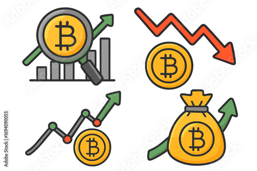 Bitcoin cryptocurrency trading icon set. Crypto market analysis, investment growth and decline. Financial technology concept. Digital currency price fluctuation vector icons.