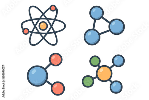 Atom and molecule icon set. Flat vector illustration for science, chemistry, and physics. Chemical compound structure, nucleus, and electron particle graphics for education or research.