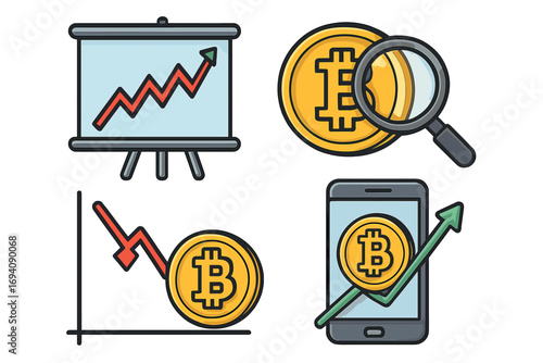 Bitcoin crypto trading analysis icon set. Finance market fluctuation chart. Cryptocurrency investment growth and decline symbols. Digital money blockchain vector concept.