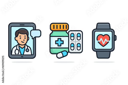 Digital health icons for telemedicine, online doctor consultation, and remote patient monitoring. Vector set with smartphone, medication, and smartwatch for healthcare apps.