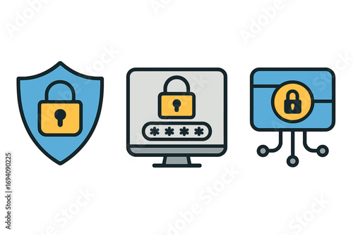 Digital security icon set for cybersecurity. Vector concepts for data protection, safe access, and password authentication. Modern technology systems with shield and padlock.