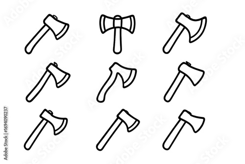 Axe line icon pack. Minimalistic linear pictograms. Set of various axes, hatchet, tomahawk symbols for web, apps. Woodcutting, lumberjack tool. Vector weapon illustration.