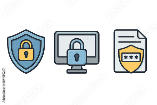 Cybersecurity icon set for data protection and privacy. Vector illustrations of a shield with lock, computer security, and password protected document for internet safety.