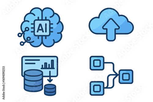 AI icon set with artificial intelligence brain, cloud computing upload, database analysis, and data flow diagram. Vector symbols for technology, machine learning, and network.