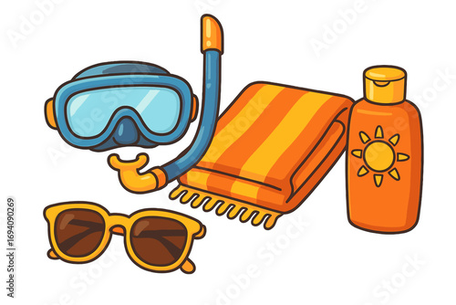 Summer beach vacation accessories set. Snorkel, mask, towel, sunglasses, and sunscreen for sun protection. Cartoon vector illustration for travel and holiday concepts.