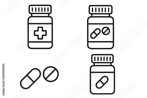 Pills bottle thin line icon set. Medicine, drug, and pharmacy symbols. Healthcare and medical treatment concept. Vector collection of capsule, tablet, supplement, vitamin container icons.