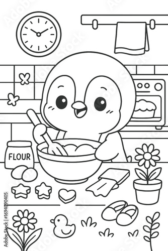 Cute penguin baking cookies in a cozy kitchen coloring book illustration