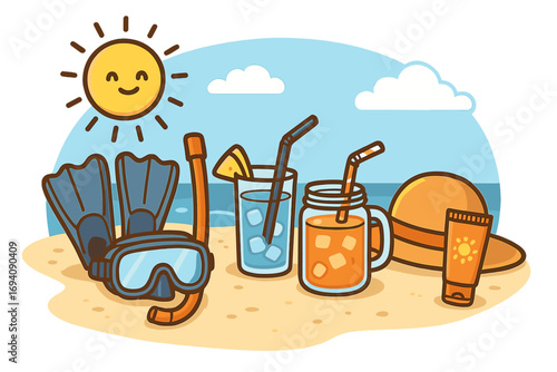 Summer beach vacation concept. Snorkeling gear, cold drinks, and sun protection on a tropical sandy shore. Relaxing holiday cartoon vector illustration with a cute sun.