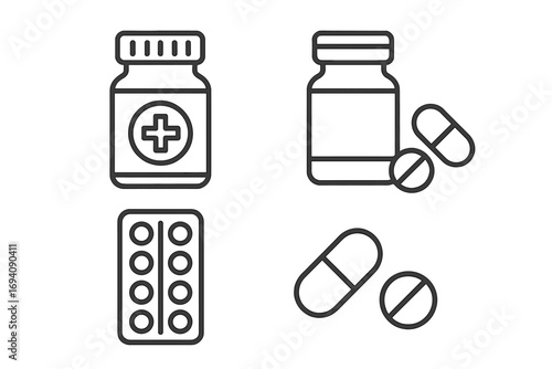 Medicine and pharmacy line icon set. Pills, tablets, capsules, and bottle vector collection. Healthcare, drug store, and medical treatment symbols. Editable stroke icons.