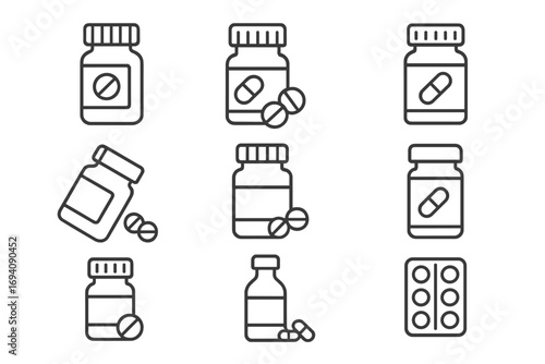 Pill bottle and medicine icon set. Line art collection of tablets, capsules, and blister packs. Pharmacy, healthcare, prescription drug, and treatment vector symbols.