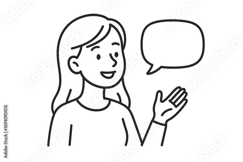 Woman speaking with speech bubble. Line art character for communication concepts. Vector illustration person talking, explaining, presentation, customer service, support, avatar.