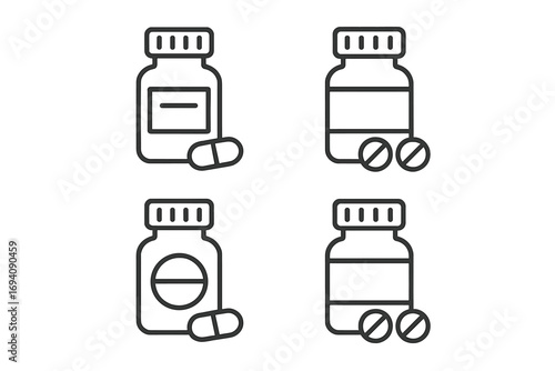 Pill bottle and capsule line icon set. Medical, health, and pharmacy concept. Vector drug container for prescription, medicine, supplement, or vitamins. Editable stroke.