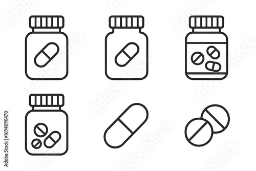 Pills bottle and capsule line icon set. Medicine, drug, tablet, and vitamin symbols. Pharmacy and healthcare concept. Medical prescription illustration. Editable stroke vector.