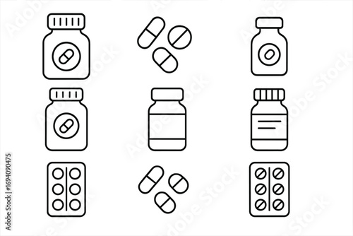 Medication and pills icon set. Vector outline of medicine bottle, tablets, and blister pack. Pharmacy, drug, and healthcare concept. Simple linear symbols collection.