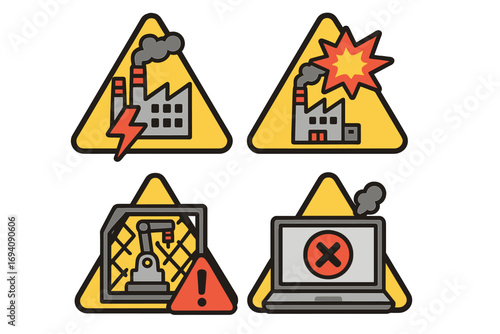 Set of factory warning signs. Industrial malfunction, manufacturing hazard symbols. Technology failure, robot arm error, explosion, power outage vector icon collection.