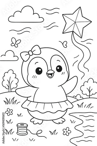 Cute penguin flying a kite in a whimsical landscape coloring page design