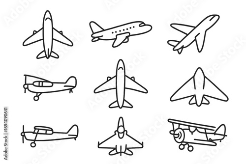 Airplane icon set. Plane line art collection. Aviation linear pictograms for web, graphic design, apps. Flight, travel and transport concept. Vector jet, biplane, aircraft.