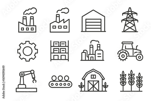 Industry and agriculture icon set. Vector line pictograms for manufacturing, factory, farming, production technology, and logistics. Outline symbols for web and apps.