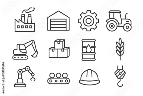 Industry line icon set. Factory, manufacturing, production, construction, agriculture concepts. Warehouse, gear, tractor, excavator, robotic arm, conveyor belt, oil icons.