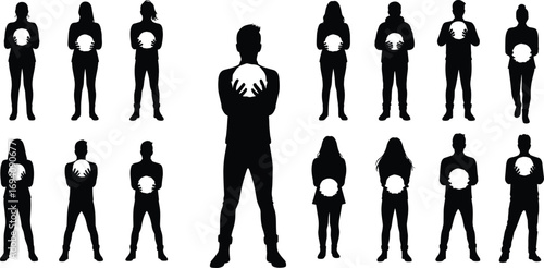 Silhouette people holding glowing orbs, unity teamwork concept, leadership inspiration, abstract light energy illustration, community connection, creative symbolic digital art