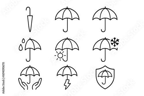 Vector umbrella line icon collection. Weather symbols for rain, sun, snow, lightning. Metaphor for protection, insurance, safety, and care. Editable stroke icons for web design.