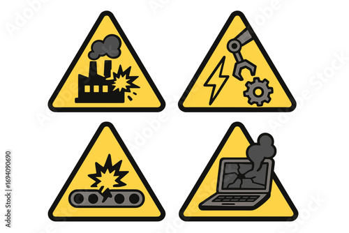 Industrial warning signs vector set. Factory accident, manufacturing malfunction icons. Symbols for production error, broken conveyor belt, robotic arm failure, damaged laptop.